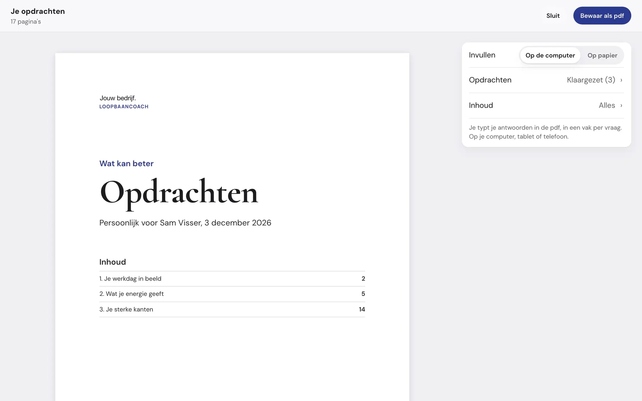 Het scherm De opdrachten als pdf, met de keuze van een verzonnen bedrijf