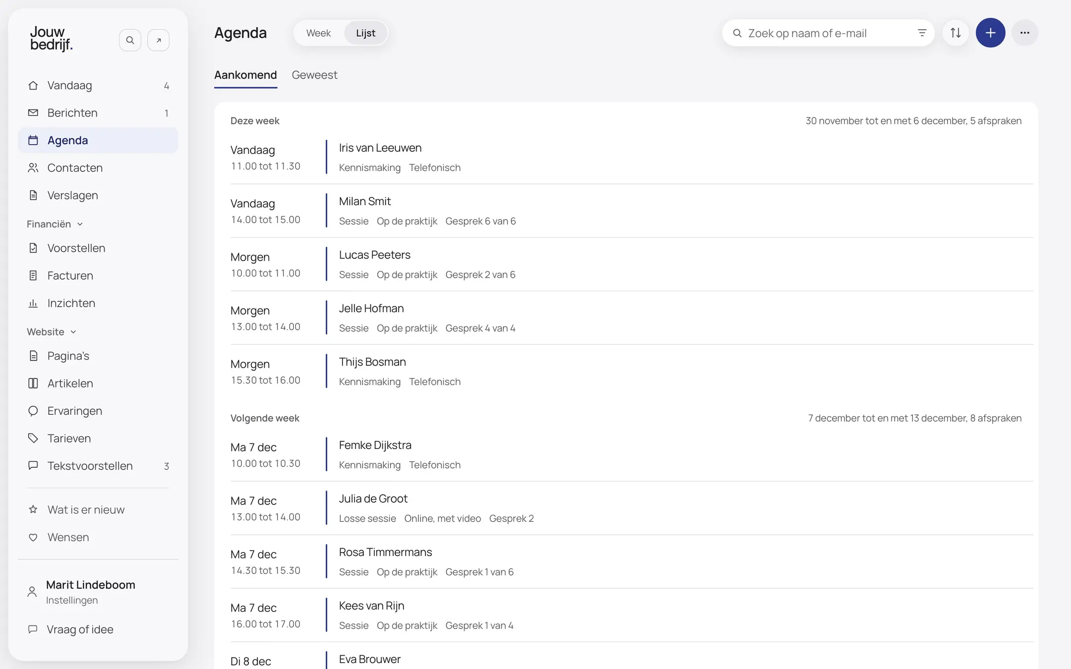 Het scherm Agenda van een verzonnen bedrijf