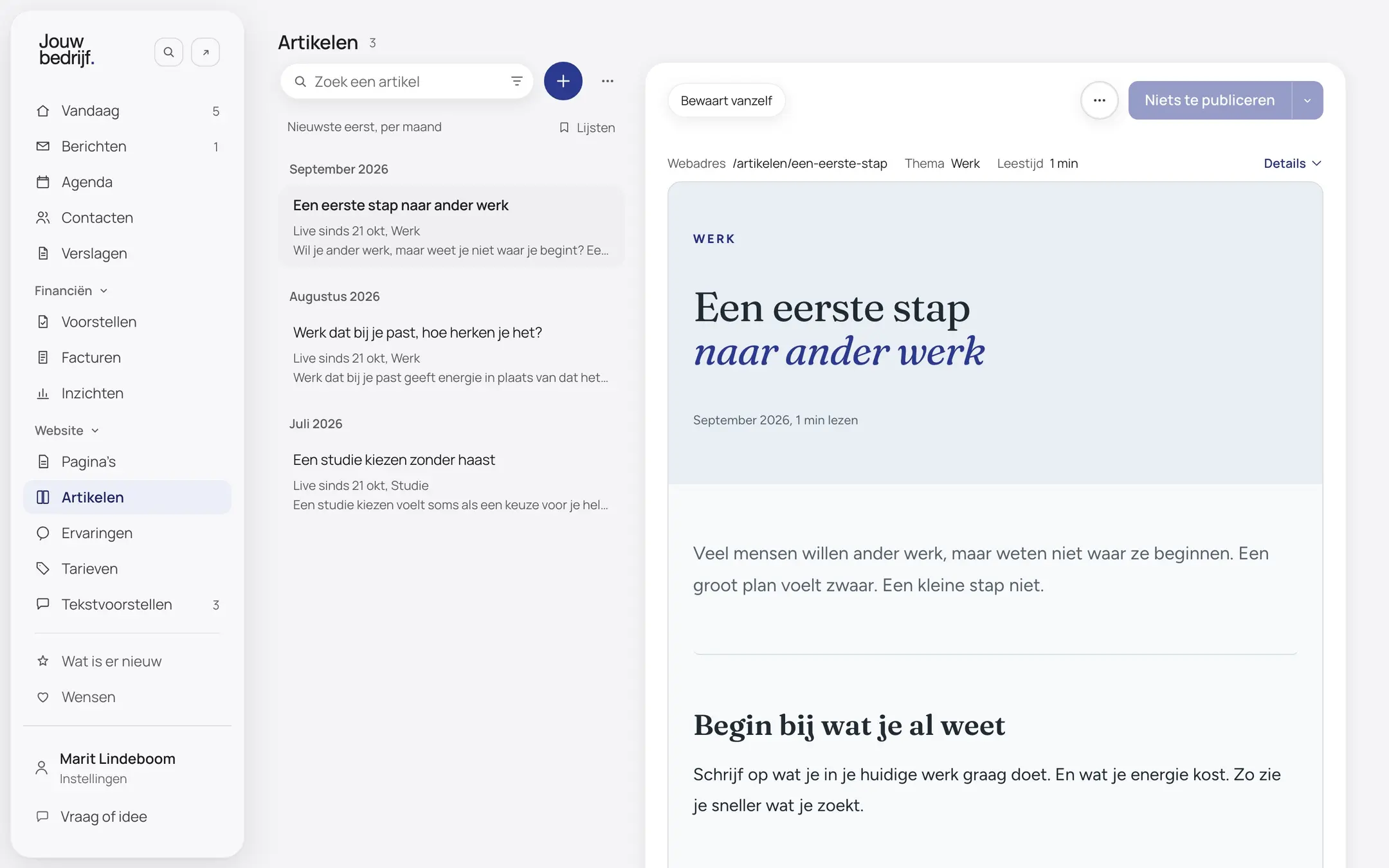 Het scherm Website van een verzonnen bedrijf