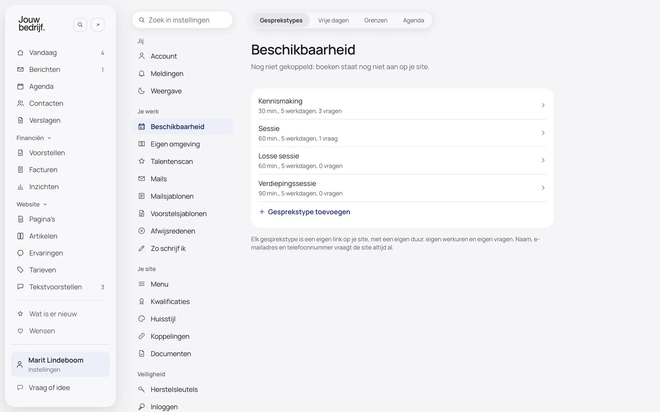 Het scherm Beschikbaarheid met de soorten gesprekken van een verzonnen bedrijf