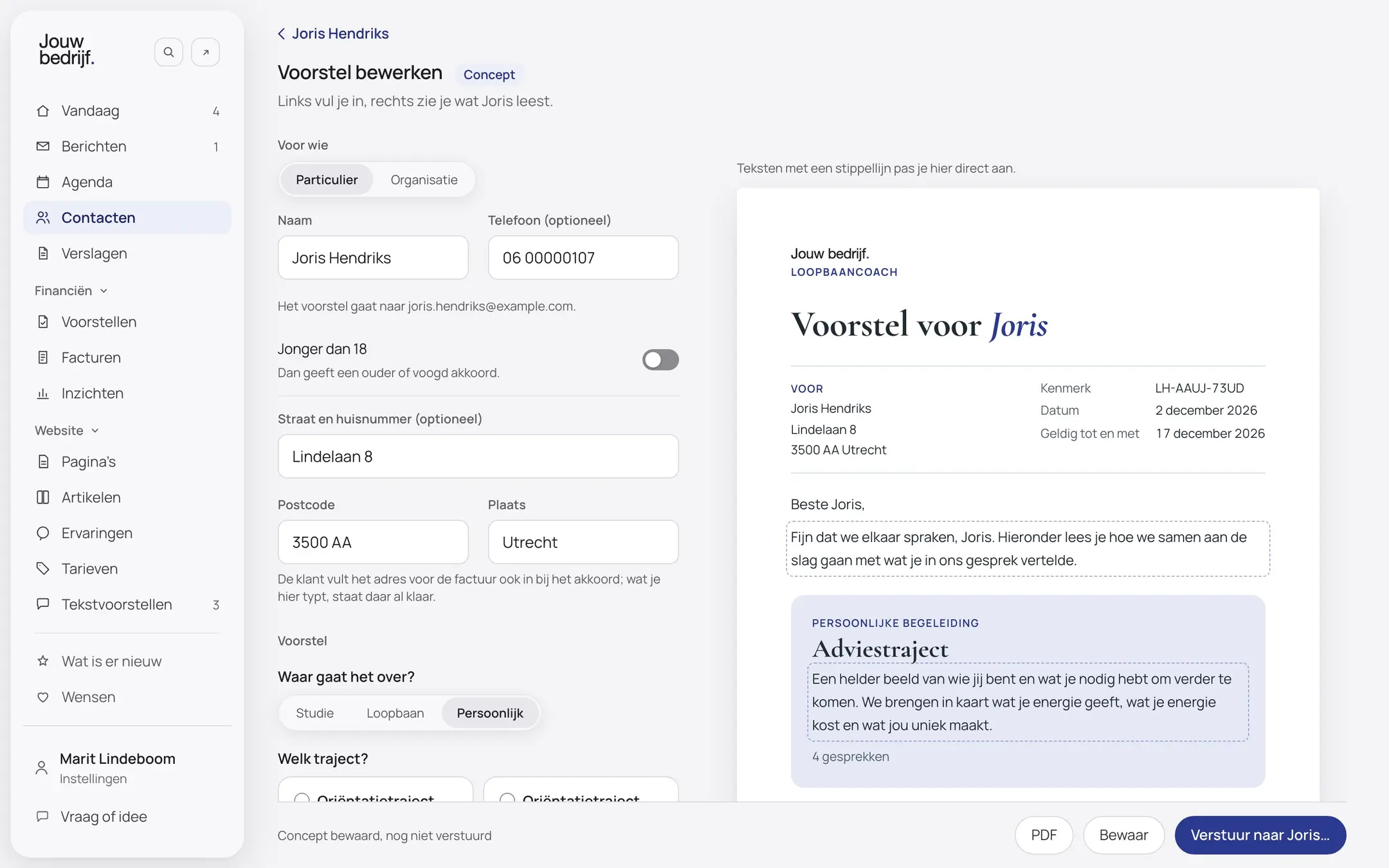 Het scherm Voorstellen van een verzonnen bedrijf