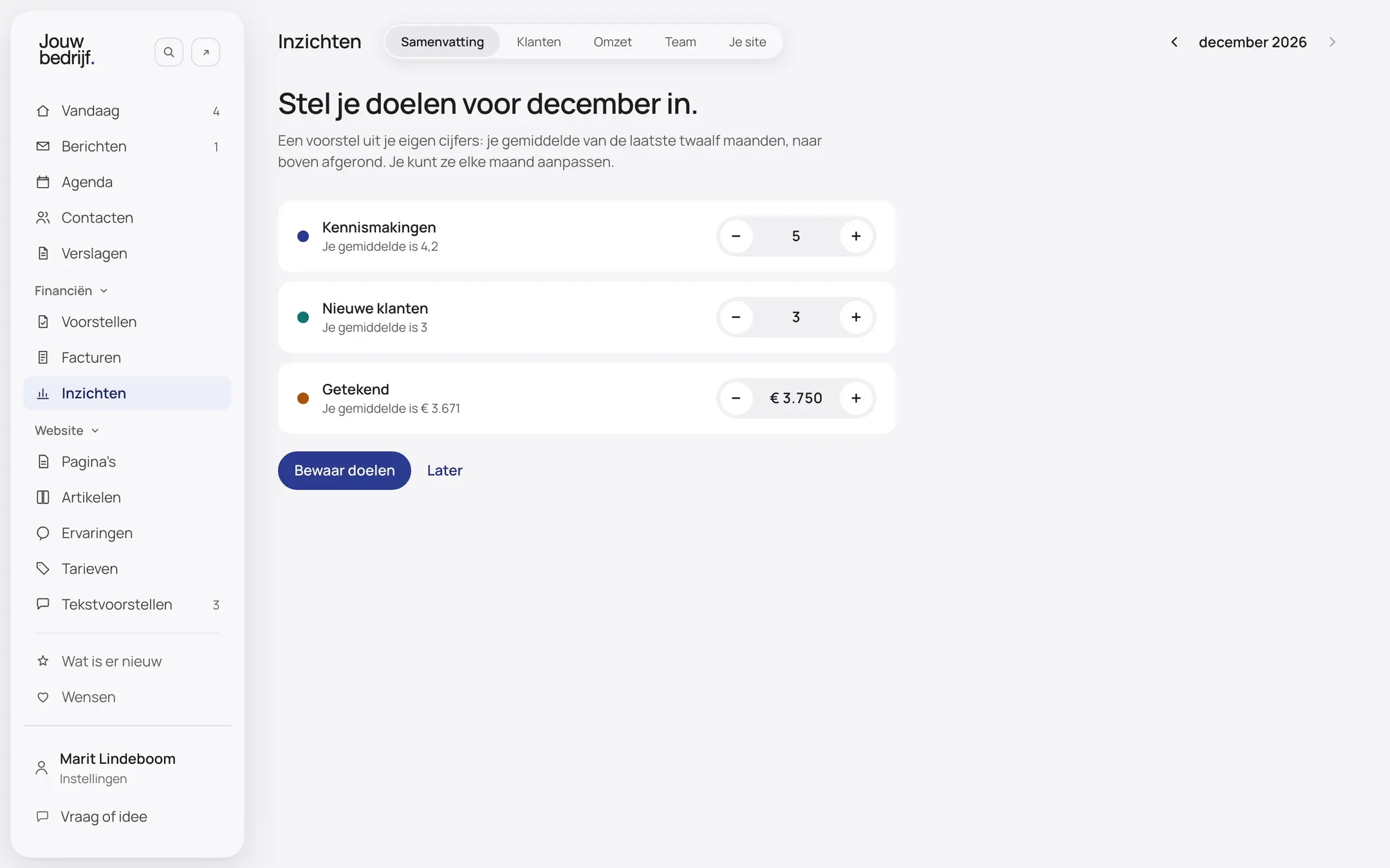 Het scherm Je doelen instellen van een verzonnen bedrijf