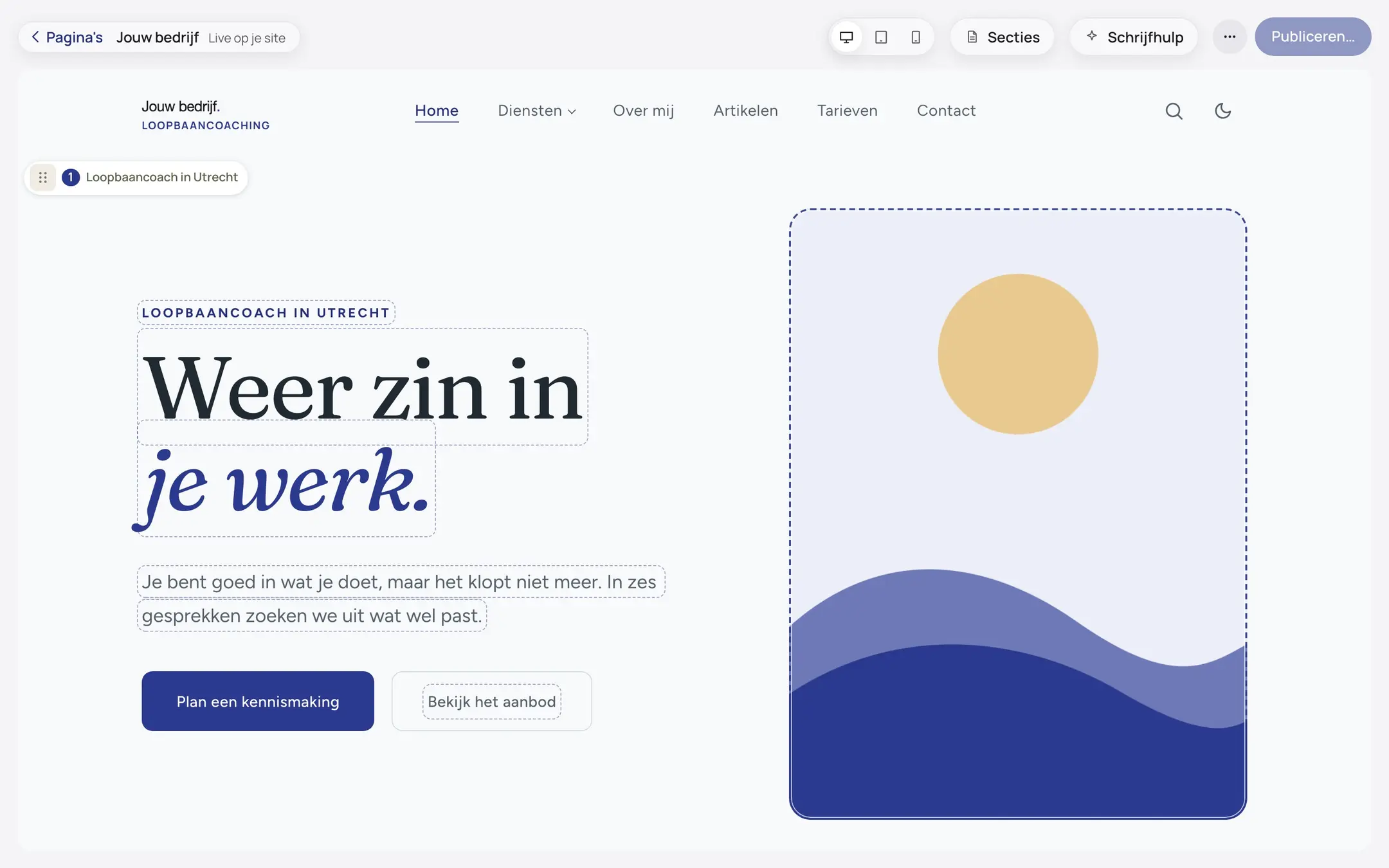 Het scherm Dezelfde pagina in de editor van een verzonnen bedrijf
