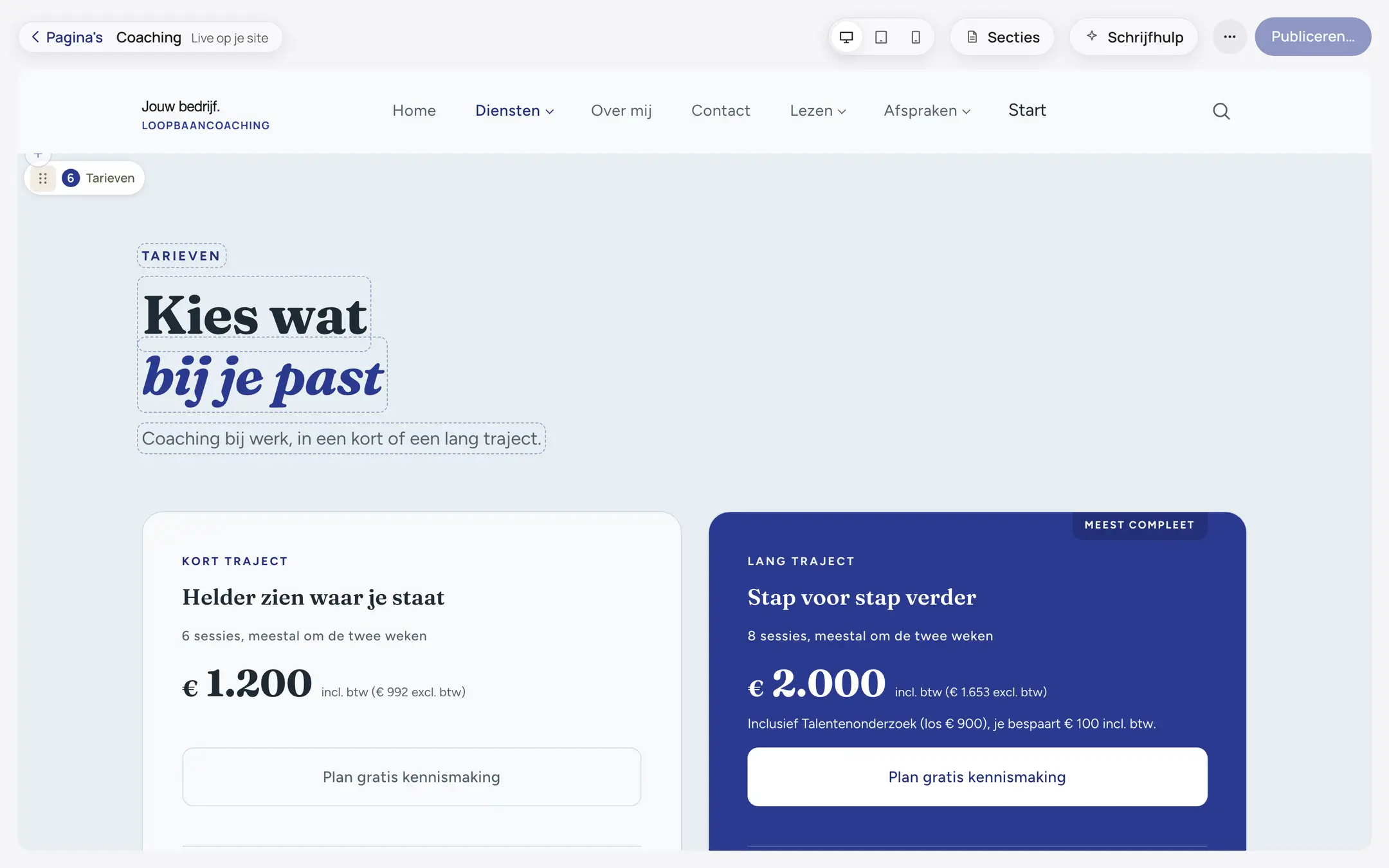 De tarieven op de site van een verzonnen bedrijf, open in de editor van het paneel