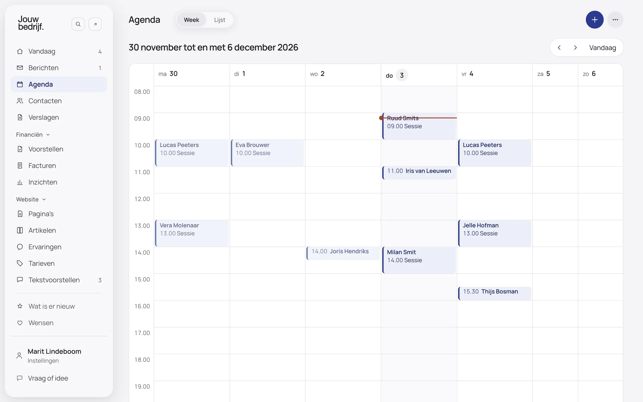 Het scherm De agenda van een verzonnen bedrijf