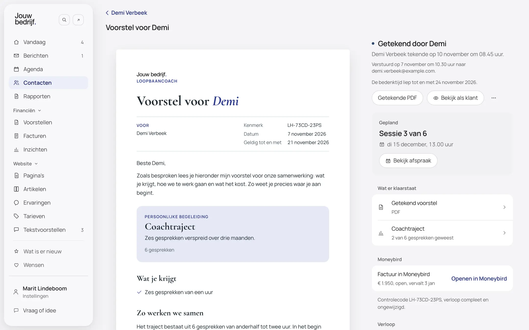 Een getekend voorstel van een verzonnen bedrijf, open in het paneel