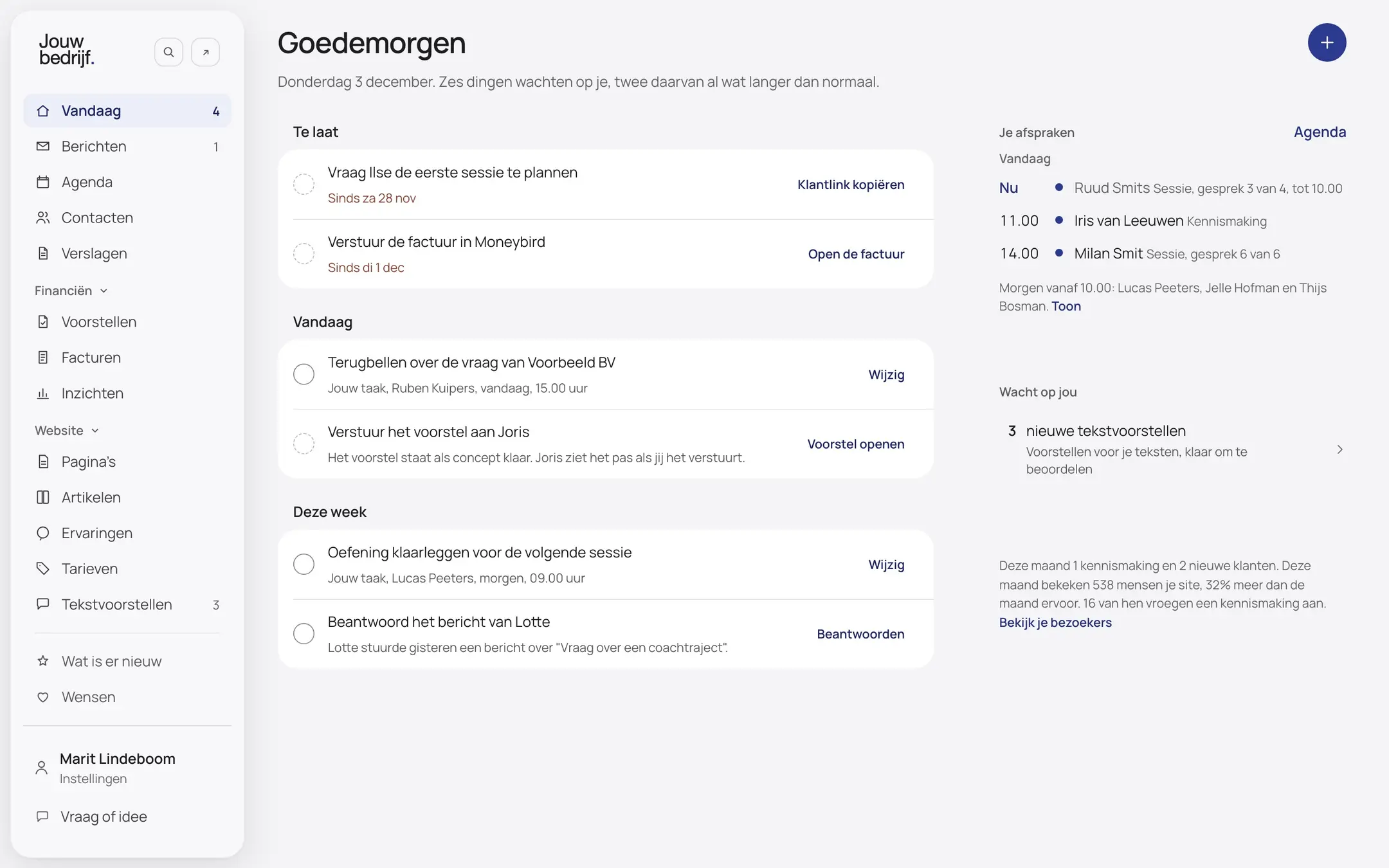 Het scherm Vandaag van een verzonnen bedrijf