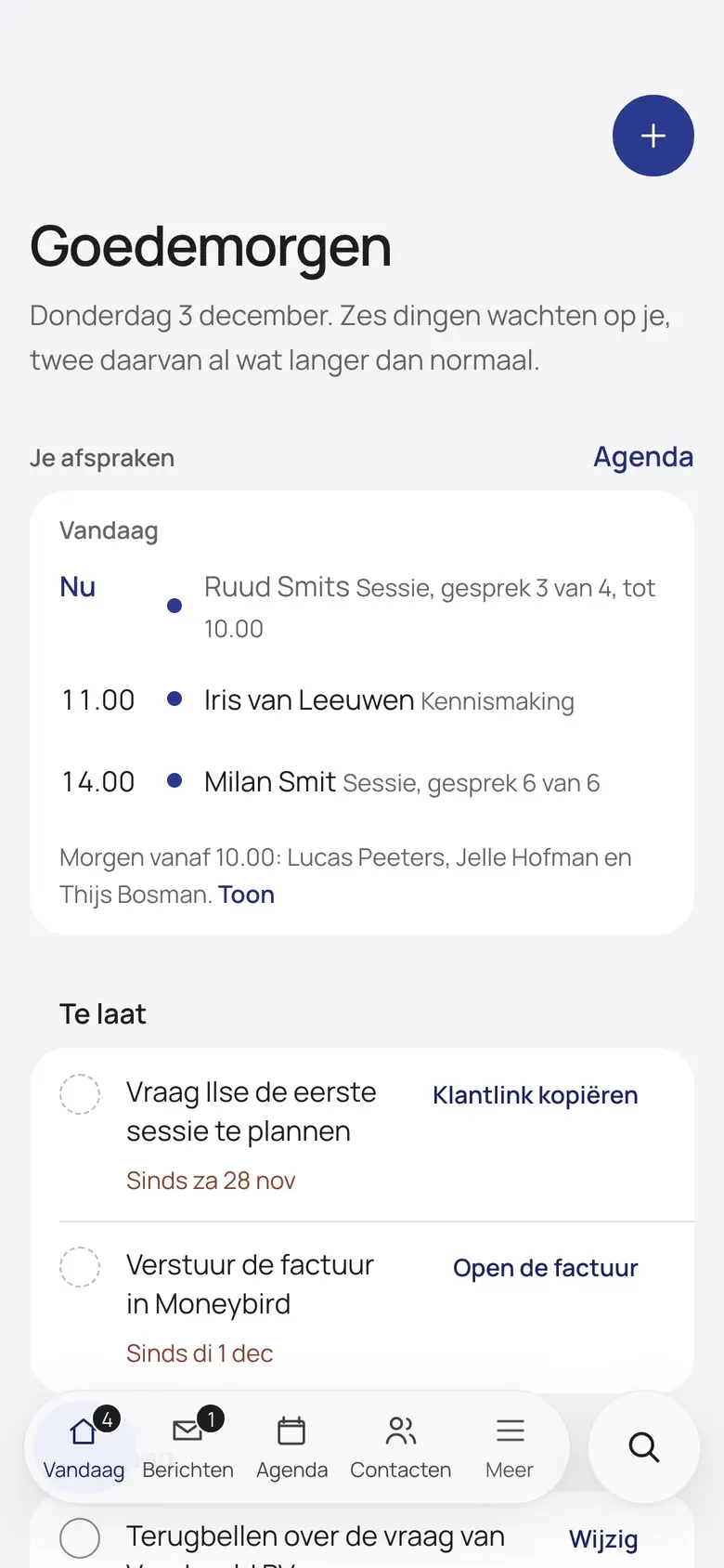 Het scherm Vandaag op een telefoon van een verzonnen bedrijf