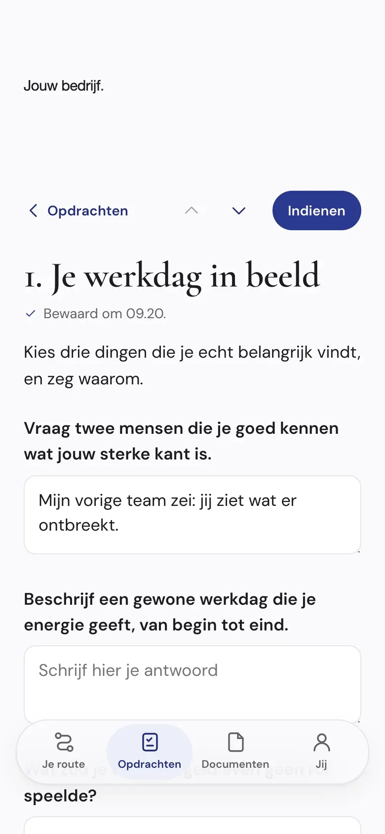 Het scherm Een opdracht van een verzonnen bedrijf