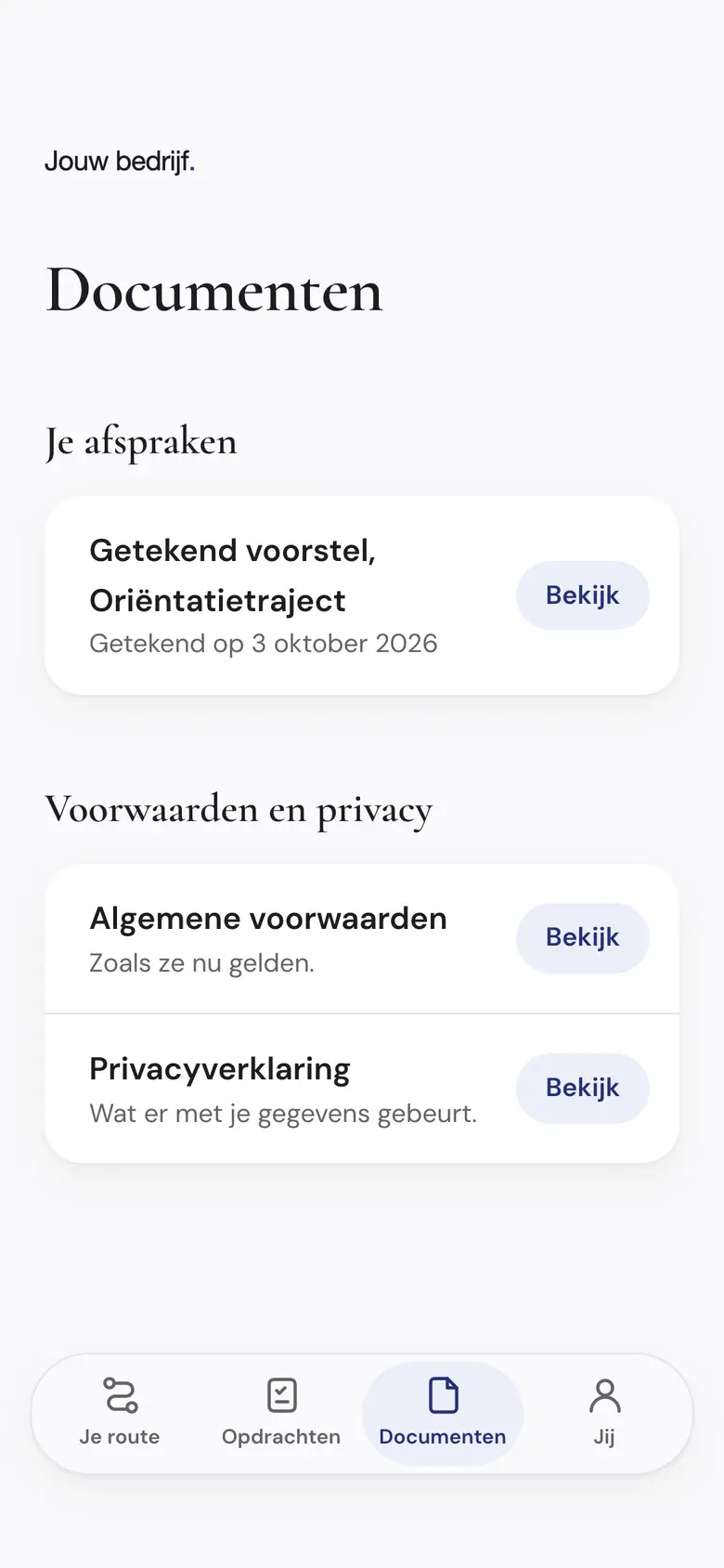 Het scherm Documenten van een verzonnen bedrijf