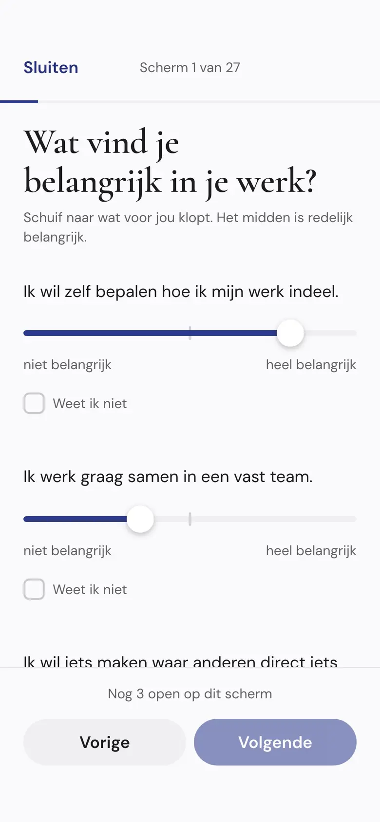 Het scherm De vragenlijst van een verzonnen bedrijf