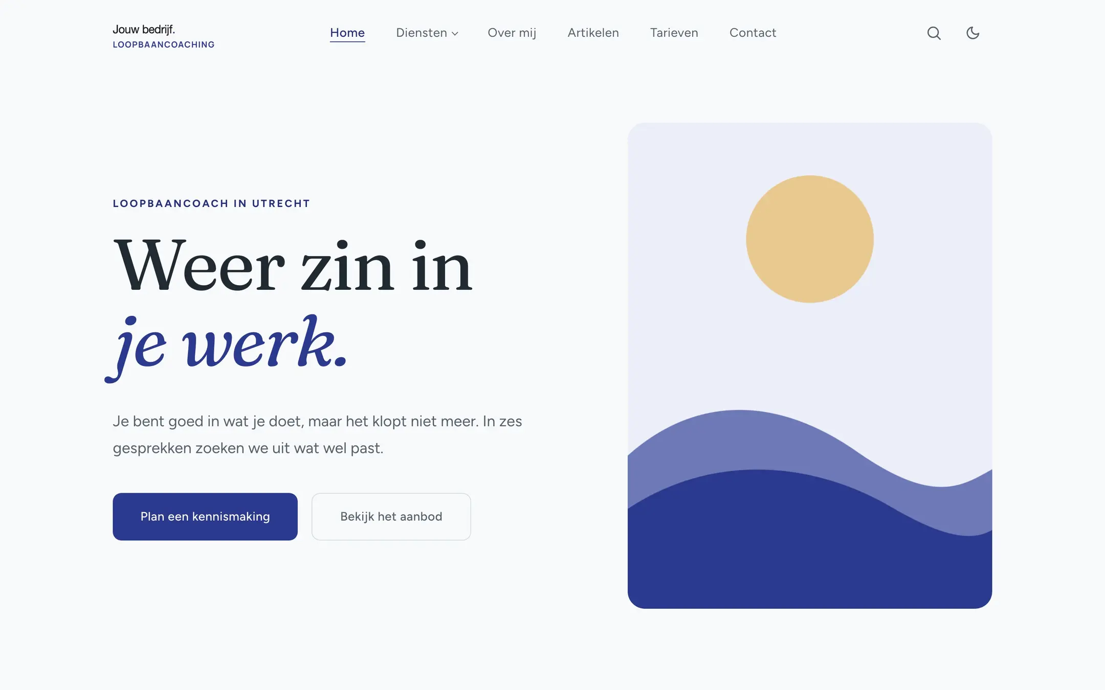 Het scherm De homepage van een verzonnen bedrijf